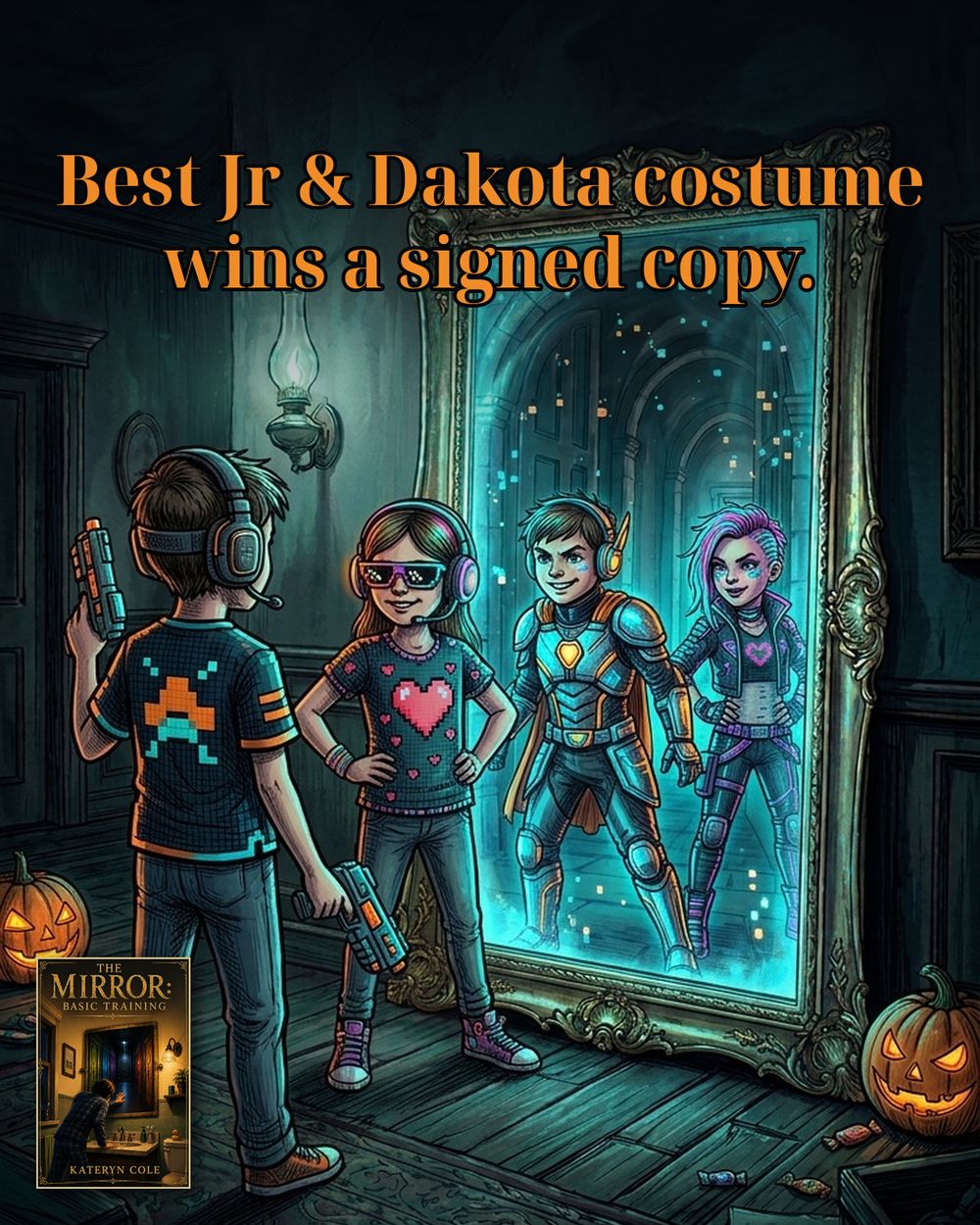 Two kids in gamer costumes stand in front of a glowing mirror, their reflections showing as game avatars, with jack-o'-lanterns on the floor