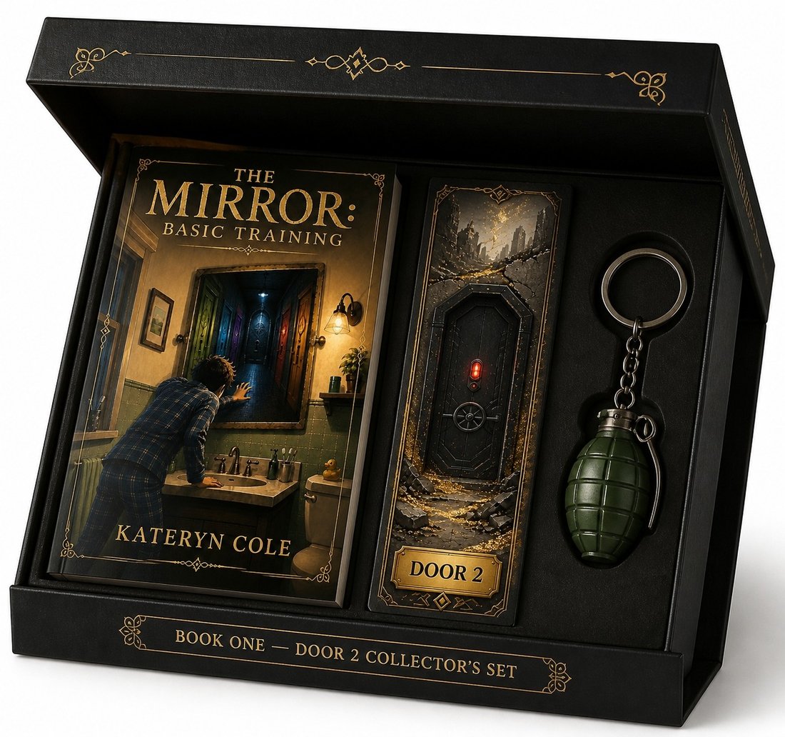The Signed Key Box at an angle, showing the gold-edged lid, the book, the Door 2 bookmark and the grenade keychain seated in the tray