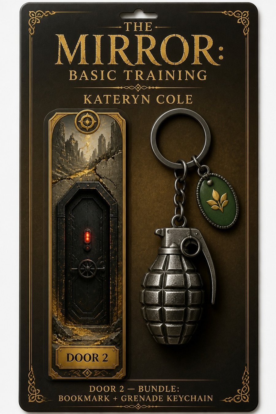 The Door 2 bundle on a gold-bordered backing card: the Door 2 bookmark beside the grenade keychain