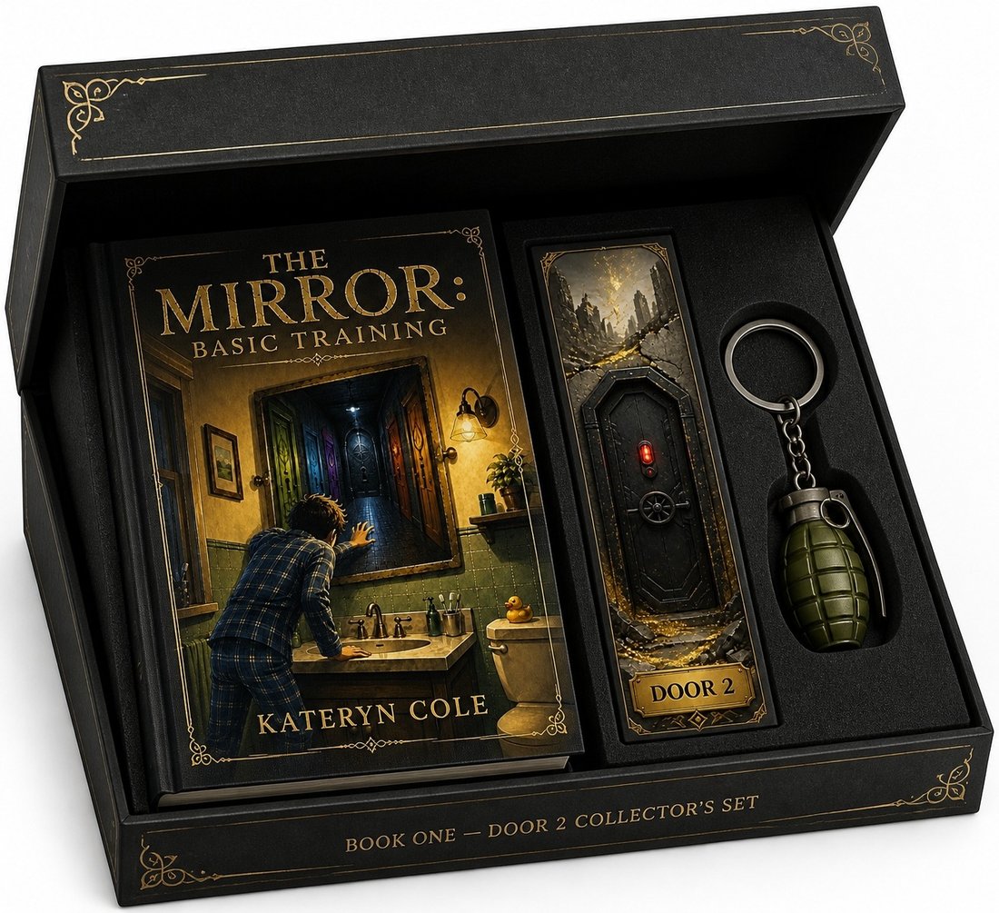 The Signed Key Box open: a hardcover copy of The Mirror: Basic Training beside the Door 2 bookmark and the grenade keychain, set in a black gift box with gold detailing