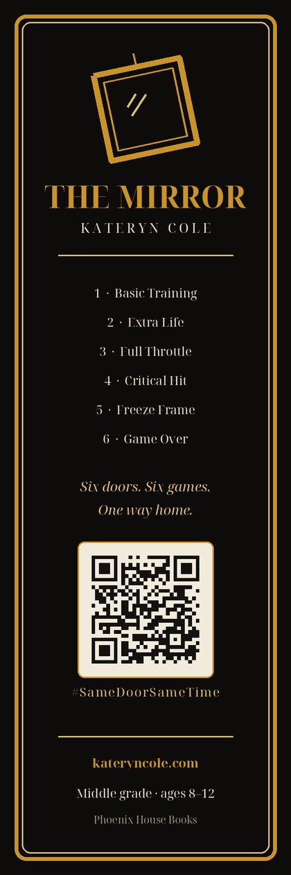 The six-door bookmark, back: The Mirror by Kateryn Cole, all six book titles, and kateryncole.com