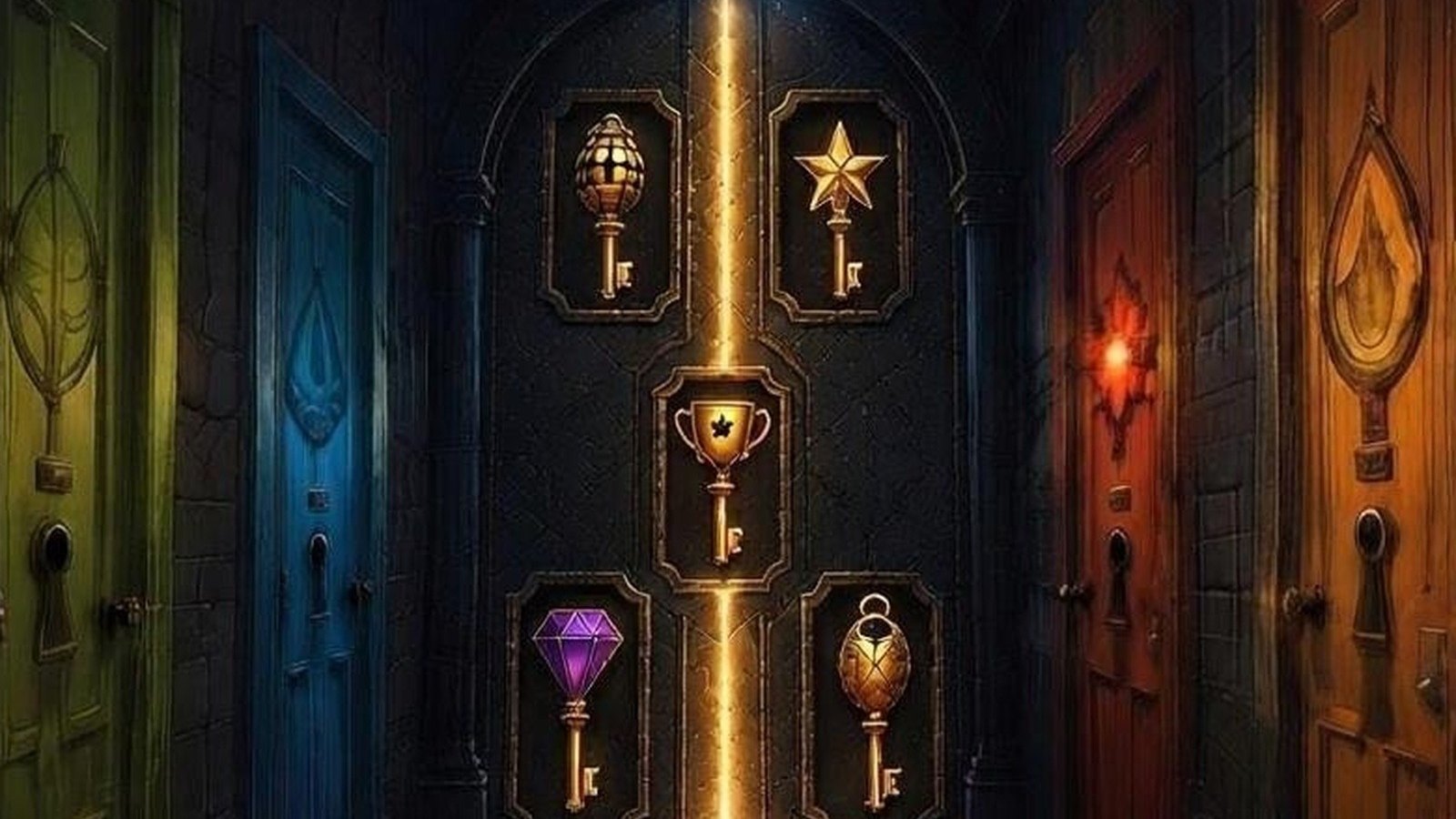The hallway behind the mirror: five coloured doors along the walls and, at the end, the sixth door with its five key-shaped locks and a seam of gold light down the middle